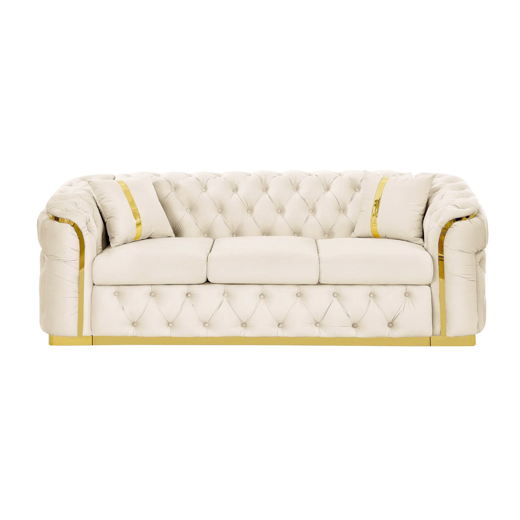 90.6 Samt-Dreisitzer-Sofa mit 2 Kissen, hochdichten Polstern, goldenen Akzenten und Kissen