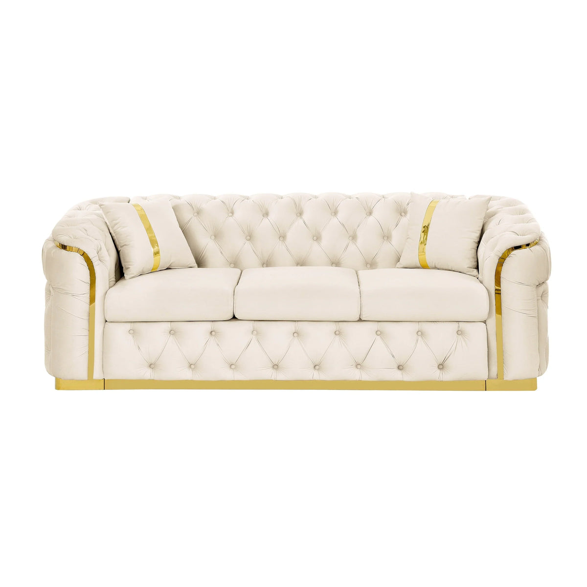 90.6 Samt-Dreisitzer-Sofa mit 2 Kissen, hochdichten Polstern, goldenen Akzenten und Kissen