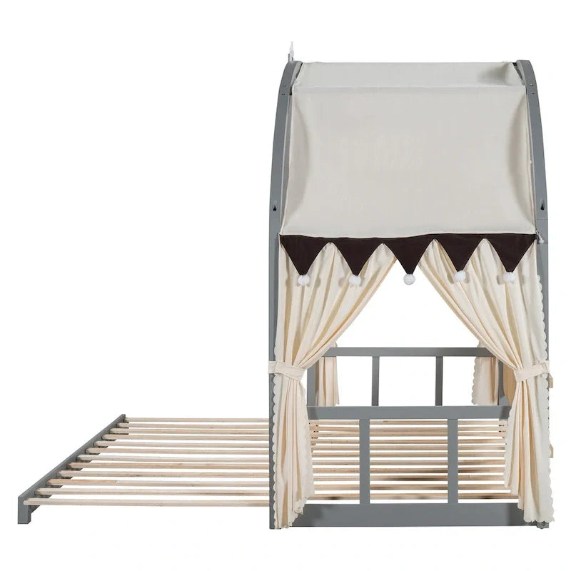 Massivholz-Spielhaus-Plattformbett, Montessori-Bettrahmen mit gewölbtem Dach und Ausziehbett für Mädchen und Jungen