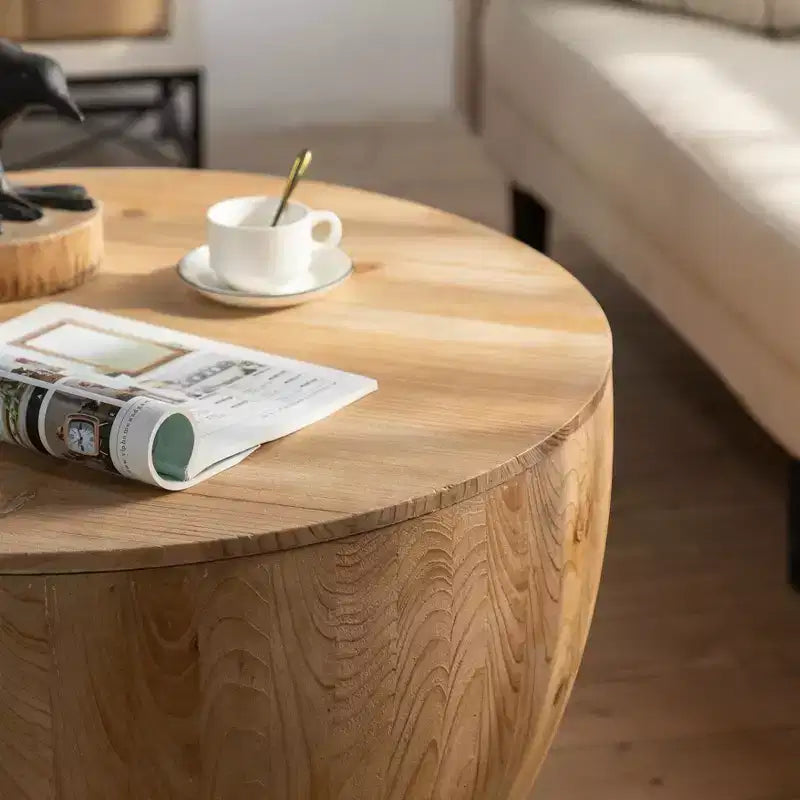 Runder Aufbewahrungs-Couchtisch im Retro-Stil aus Holz, geeignet für Wohnzimmer, Esszimmer oder Büro.