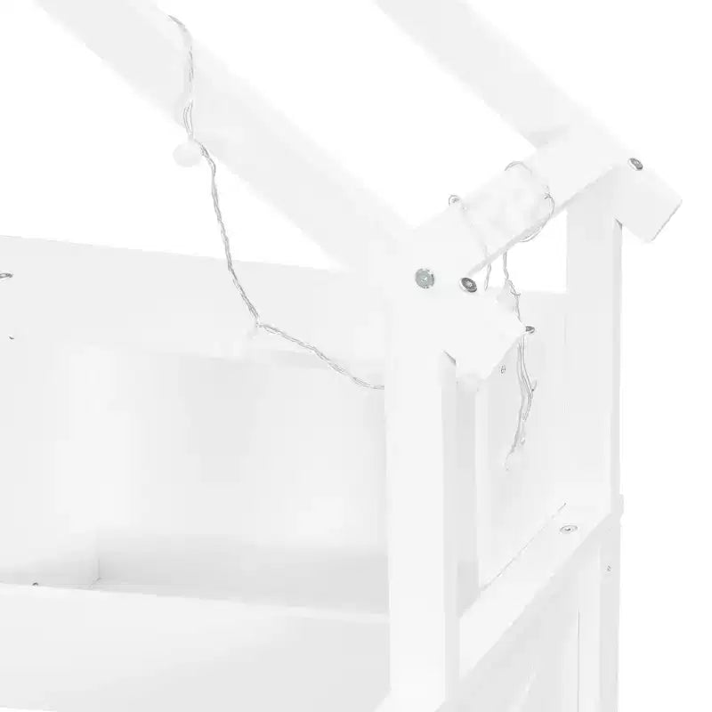 Hausbettgestell in voller Größe mit Schubladen, Haus-Plattformbett mit LED-Beleuchtung, Ablagefächern und Schubladen, Tagesbett aus Holz mit Dach und Geländer