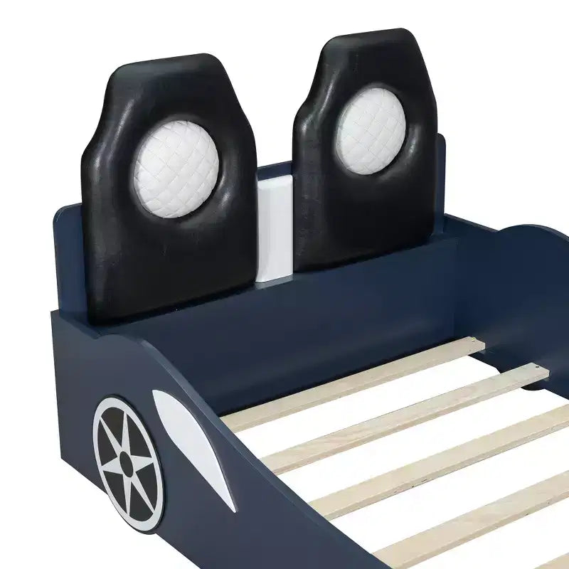Whisen Wood Plattformbett in Rennwagen-Form, Twin-Größe, mit LED-Beleuchtung und gepolsterter Rückenlehne