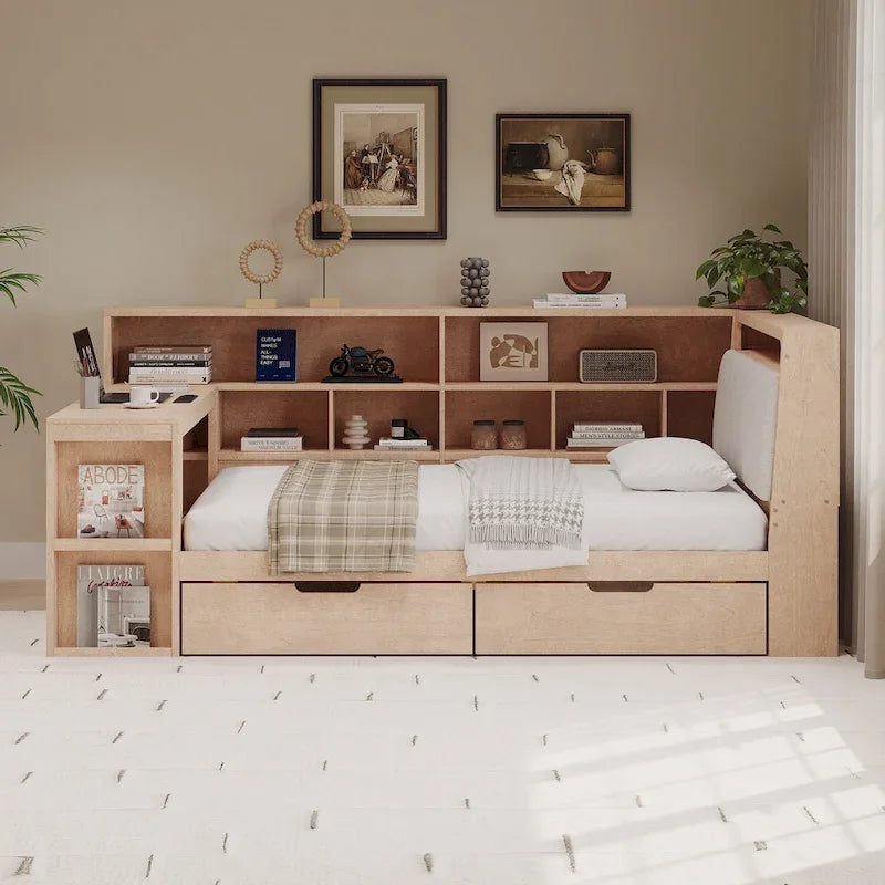L-förmiges Holzsofa-Tagesbett mit Schreibtisch, Bücherregal, Eckbett mit Schubladen unter dem Bett, gepolstertem Kopfteil und integrierter Beleuchtung