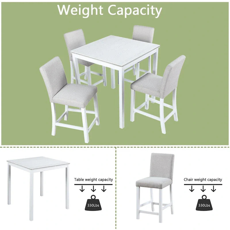 Modernes 5-teiliges Esszimmer-Set mit quadratischem Tresenhochtisch und 4 gepolsterten Stühlen