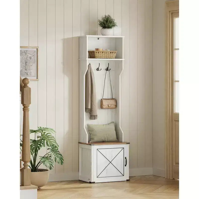 Garderobenbaum mit Bank und Schuhablage, Garderobe mit Schuhbank, Flurmöbel, 3 Dreifachhaken, Tür mit Griff, Rustikales Weiß