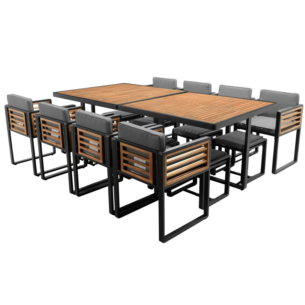 18-teiliges Terrassen-Essgruppen-Set aus Akazienholz, 8 gepolsterte Stühle & 8 Hocker & 2 quadratische Tische