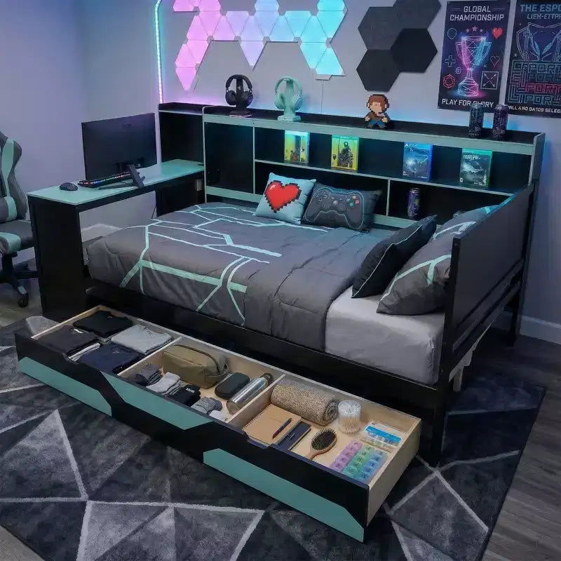 Gamer Hub Tagesbett mit Schreibtisch, RGB-Beleuchtung, Ladestation, Schubladen und Bücherregal-Kopfteil