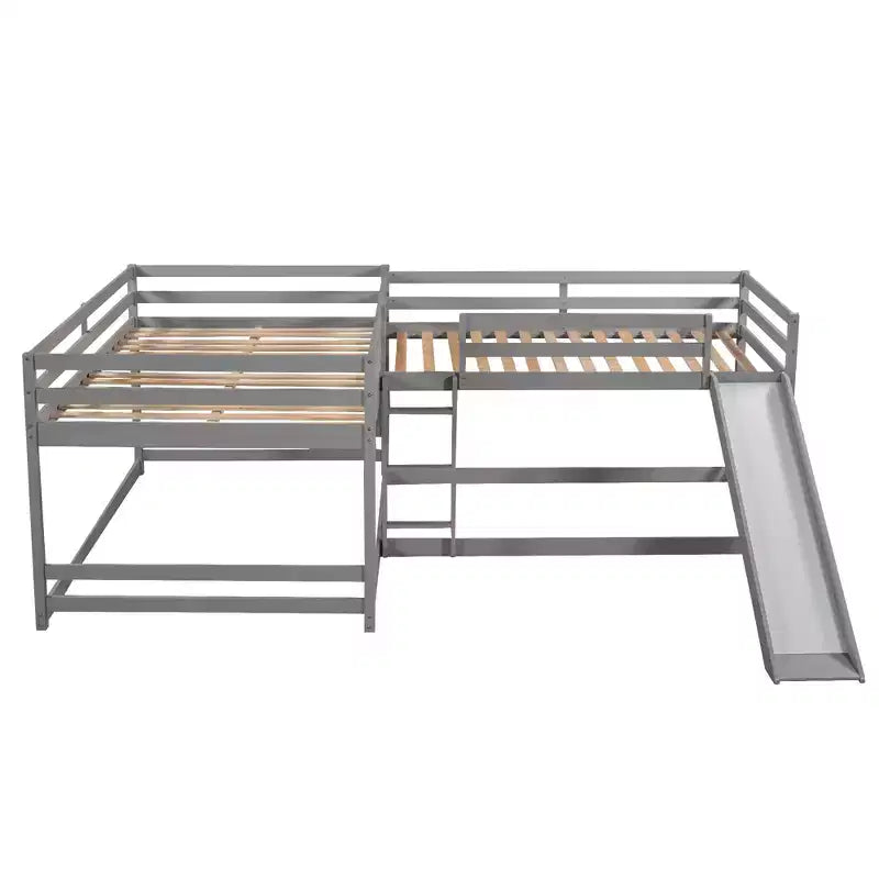L-förmiges Etagenbett für 4 Kinder, Vierfach-Etagenbett mit Rutsche, Voll- und Twin-Holzrahmen für Schlafzimmer/Wohnheim