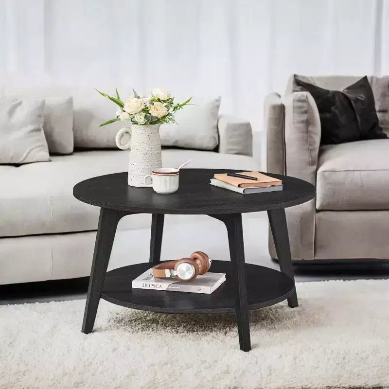 Honigbrauner runder Couchtisch mit 2 Ablageflächen, Maße 80 x 45 cm, ideal für das Wohnzimmer