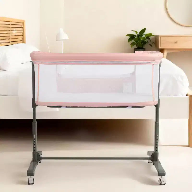 Baby-Beistellbett mit Rollen – Beige / Grau / Rosa, Bettschläfer, für 1 Baby