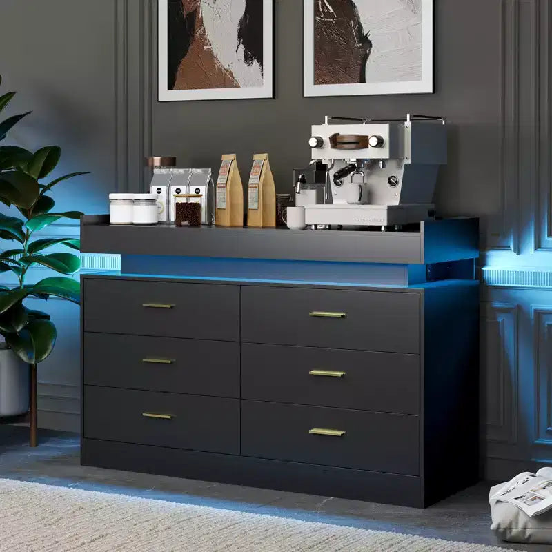 Moderner TV-Schrank mit 6 Schubladen & LED-Beleuchtung, schwebende Arbeitsplatte als Kaffeebar für Wohnzimmer Entertainment Center