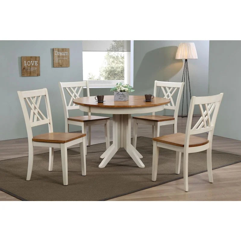 Zeitgenössisches antikisiertes Karamell/Biscotti Esstisch-Set mit doppelter X-Rückenlehne, 5-teilig
