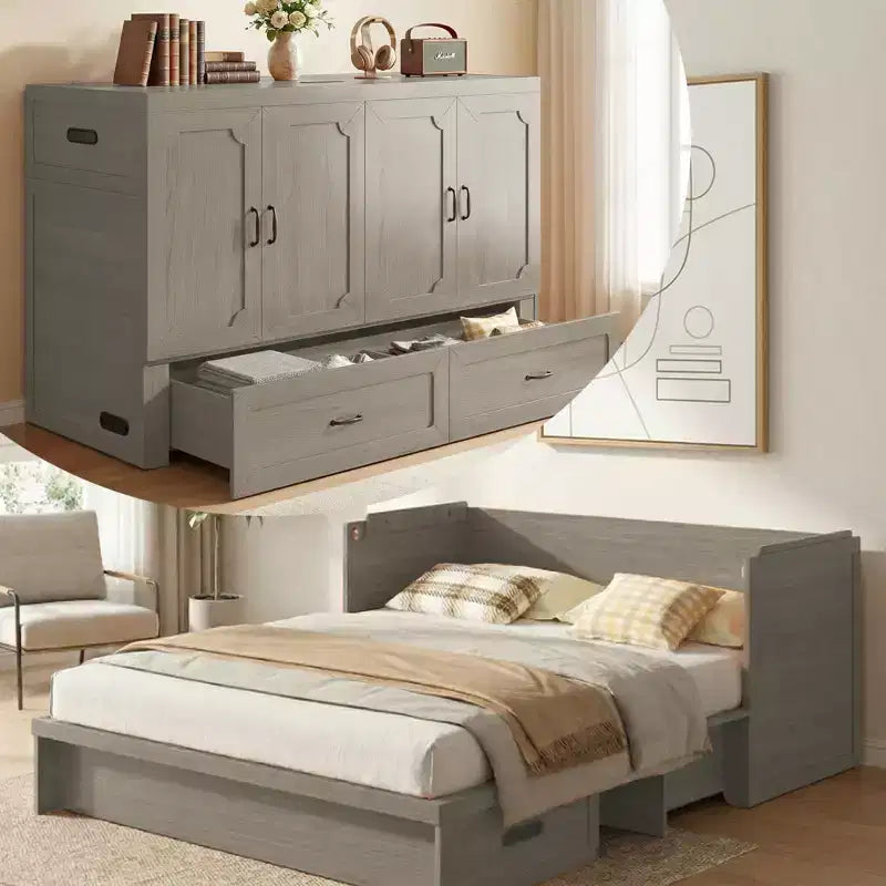 Mjkone Queen Size Wandelbares Murphy-Schrankbett mit USB-Ladefunktion, Schubladen, keine Matratze enthalten