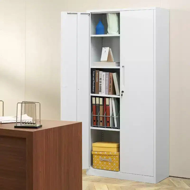 VEVOR Metall-Aufbewahrungsschrank, abschließbarer Stahlschrank mit 2 Magnettüren und 4 verstellbaren Einlegeböden, 180 cm hoher Metallschrank, 90 kg Tragkraft, Weiß