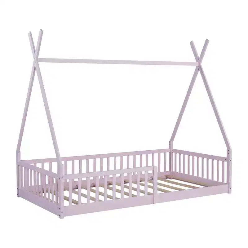 Bodenbett für Kinder, Zeltbetten in Doppelbettgröße, Montessori-Bodenbett mit Lattenrost und Zaungeländer, Holz-Hausbettgestell für Jungen und Mädchen