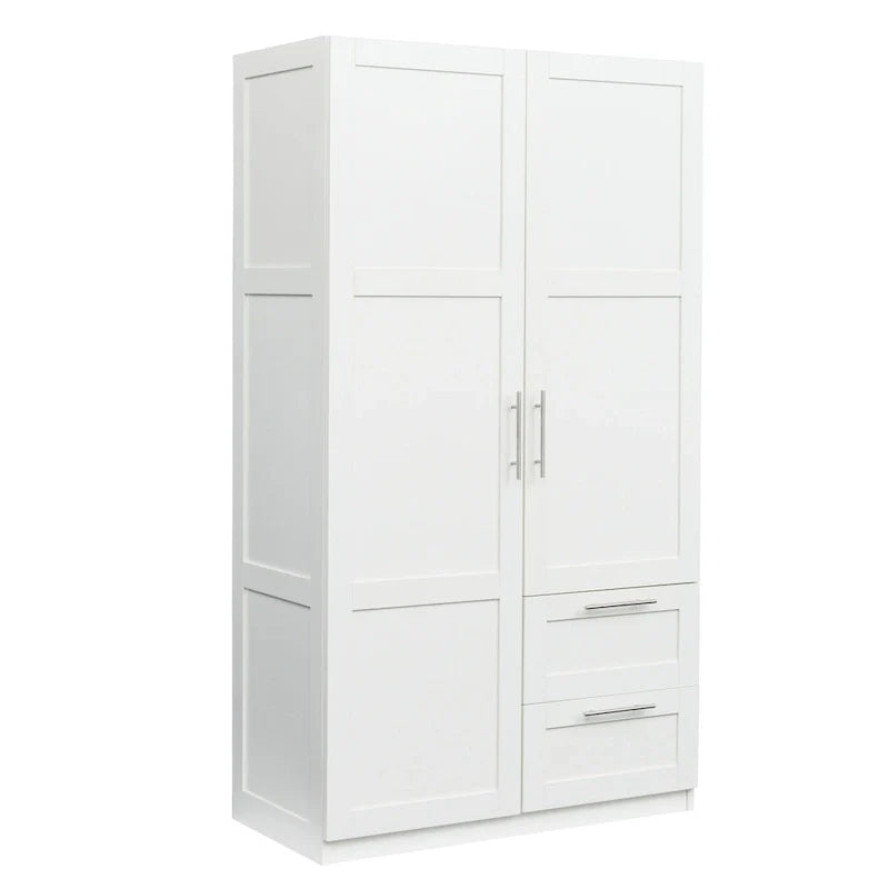 Weißer Kleiderschrank mit Türen, Schubladen und Kleiderstange