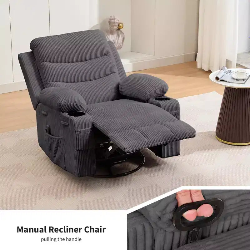Übergroßer 360°-Dreh- und Schaukelsessel mit Massage und Heizung – Ergonomischer Loungesessel mit Getränkehaltern, Seitentaschen für Wohnzimmer, Kinderzimmer