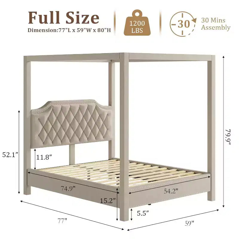 Queen-Size-Himmelbettgestell mit Pfosten, 4-Eck-Bettrahmen, Massivholzlattenrost, kein Boxspringbett erforderlich, geräuschfrei