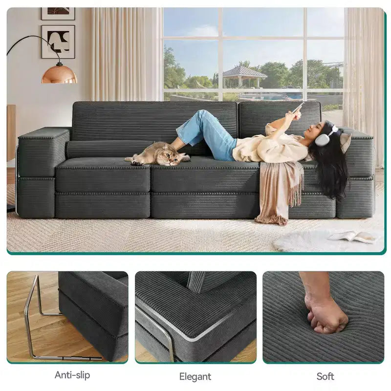 Verwandelbare Cloud-Sektionalcouch Bequemes Kord-Sektionalsofa Bequeme Couch mit tiefem Sitz & hohen Kissen Einfache Montage