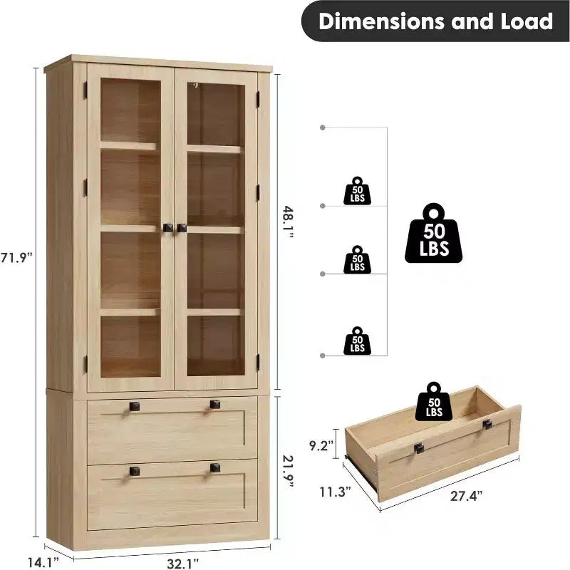Farmhouse Küchenschrank mit Glastüren, 183 cm Vorratsschrank mit Schubladen und verstellbaren Regalböden für Esszimmer, Bad, Wohnzimmer