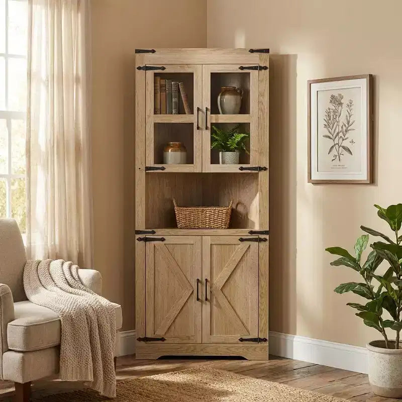 69" Hoher Eckschrank, Bauernhaus-Eckschrank, platzsparender Stauraum, Glastür, verstellbare Einlegeböden, für Wohnzimmer, Küche