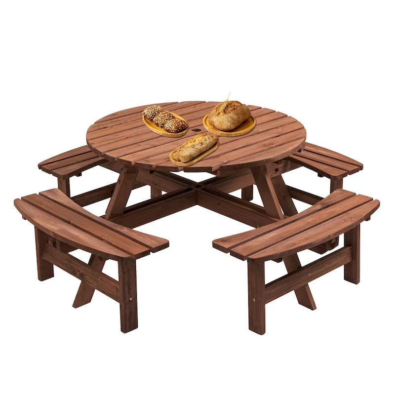 8-Personen Outdoor-Picknick-Esstisch-Garnitur aus Tannenholz, rund, mit 4 integrierten Bänken und Sonnenschirmloch