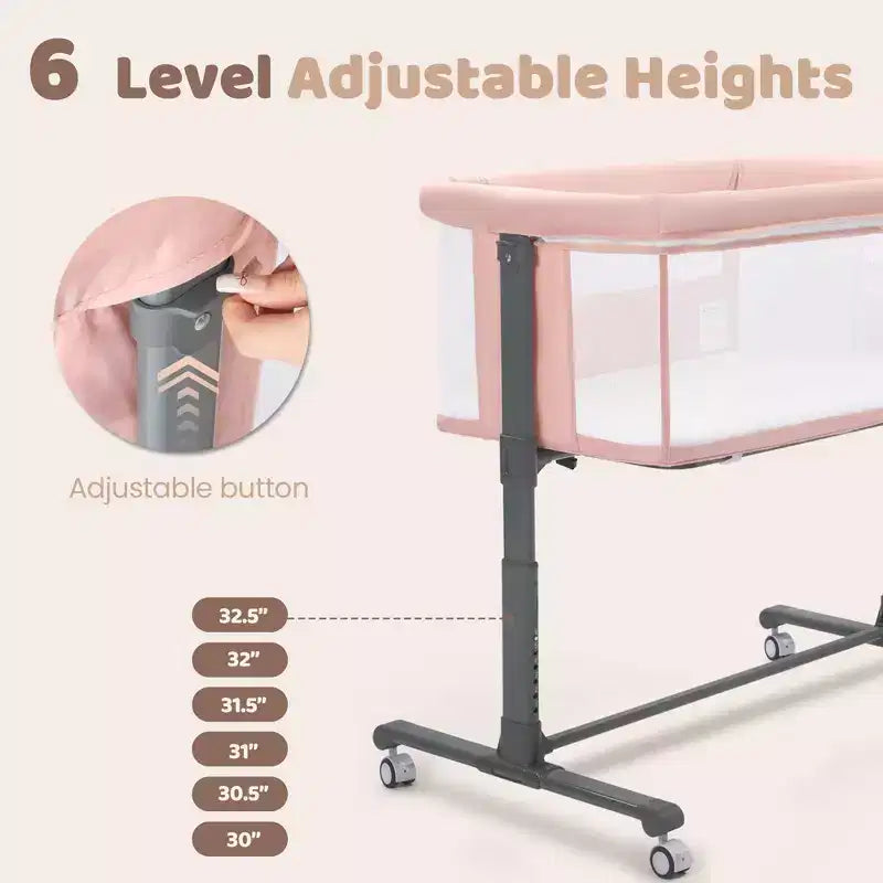 Baby-Beistellbett mit Rollen – Beige / Grau / Rosa, Bettschläfer, für 1 Baby