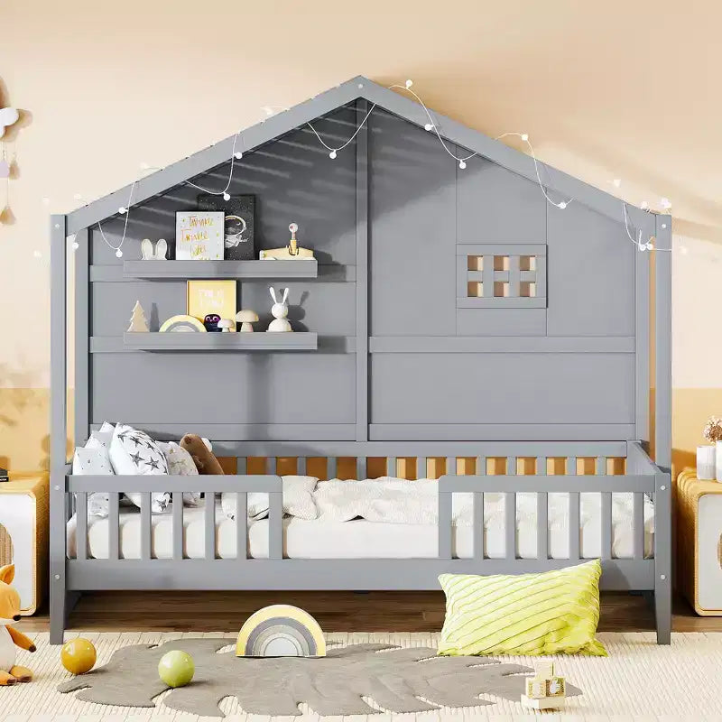 Hausbett in Twin-Größe mit Ablageregalen und Rausfallschutz, Montessori-Bettrahmen aus Holz für Kinder mit Fenster und glitzerndem Lichtband