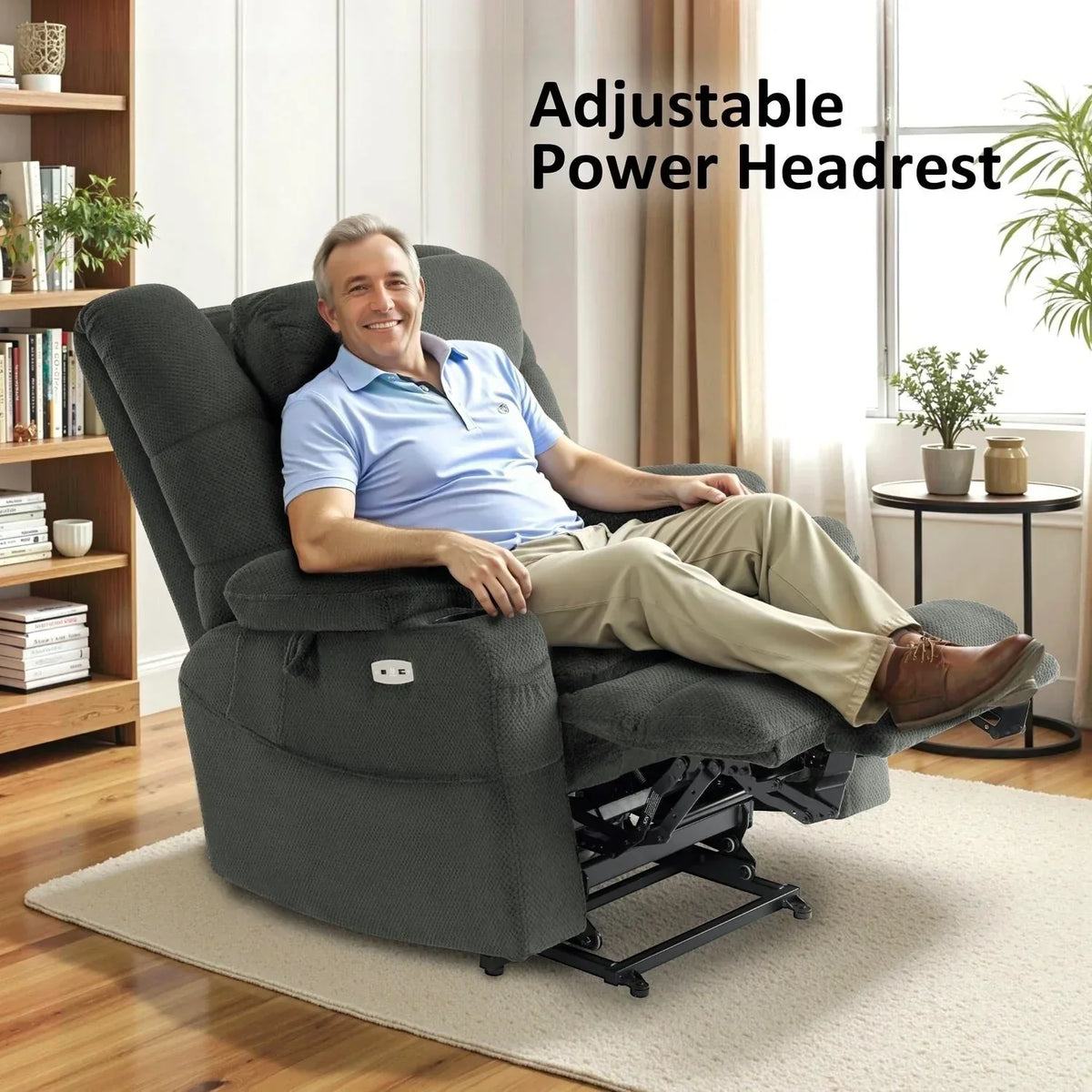 MCombo Großer, breiter Power-Lift-Liegesessel mit zwei Motoren, Massage und dualer Heizung für große und korpulente Senioren, Stoff R7635
