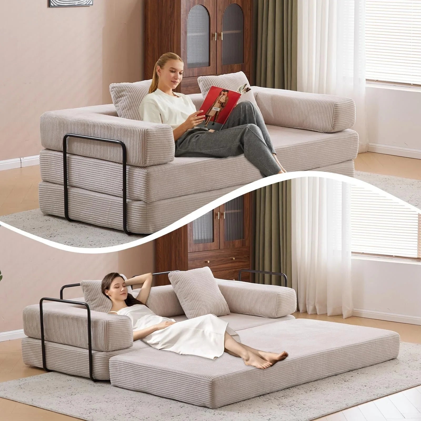 Umwandelbares Bodenschlafsofa mit Rückenkissen, Chenille-Gewebe für Wohnzimmer Schlafzimmer