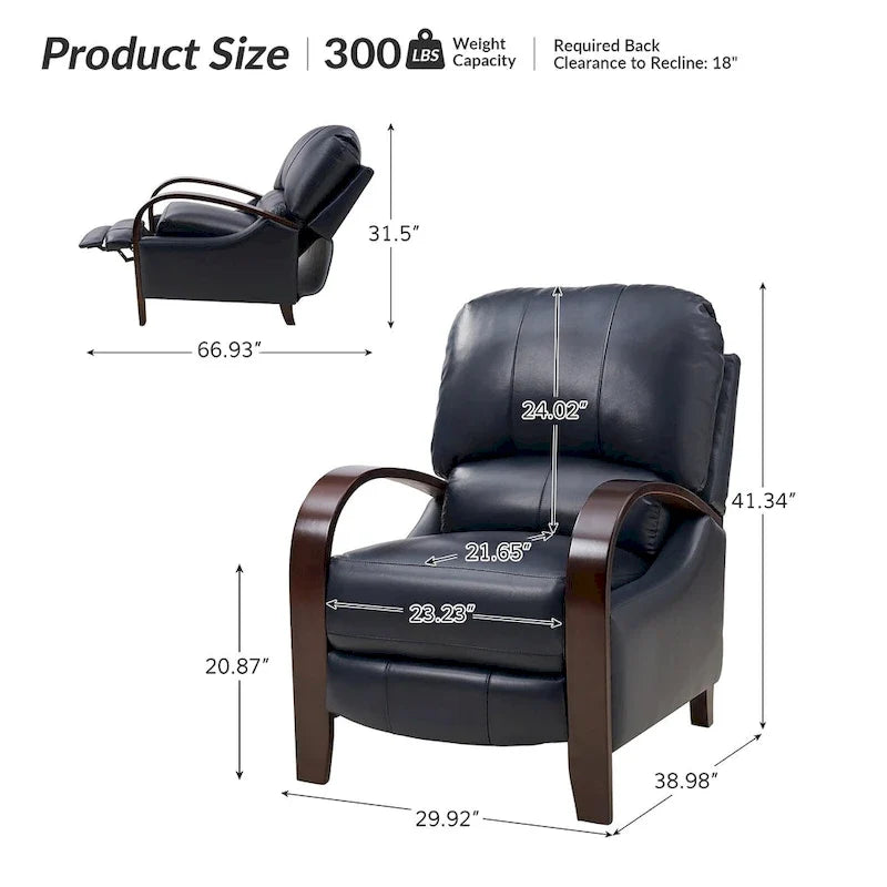 Alex Mid-Century Modern Zigarren-Sessel aus echtem Leder mit manueller Relaxfunktion und geschwungenen Holzarmlehnen