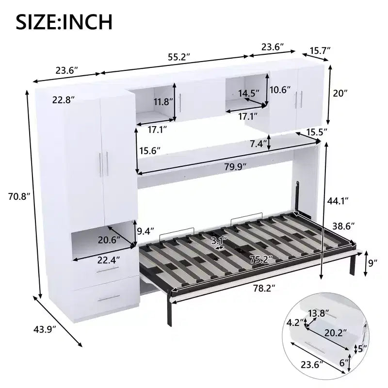 Murphy-Bettrahmen in Einzelbettgröße, Holzschrankbett mit integriertem Kleiderschrank, Aufbewahrungsschubladen und offenen Regalen, Weiß – ModernLuxe