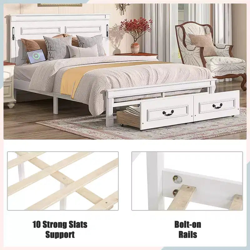 ModernLuxe Bettrahmen für Queensize-/Kingsize-Betten mit hohem Kopfteil, rustikales Holzbettgestell mit 2 Schubladen, LED-Beleuchtung und USB-Anschlüssen