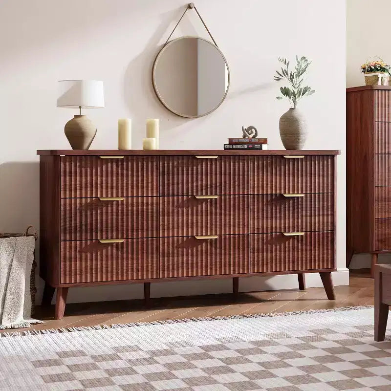 Kommode mit 9 Schubladen, gerillt, moderne Kommode, Holzkommode als TV-Ständer, geschwungenes Profil, für Wohnzimmer, Flur