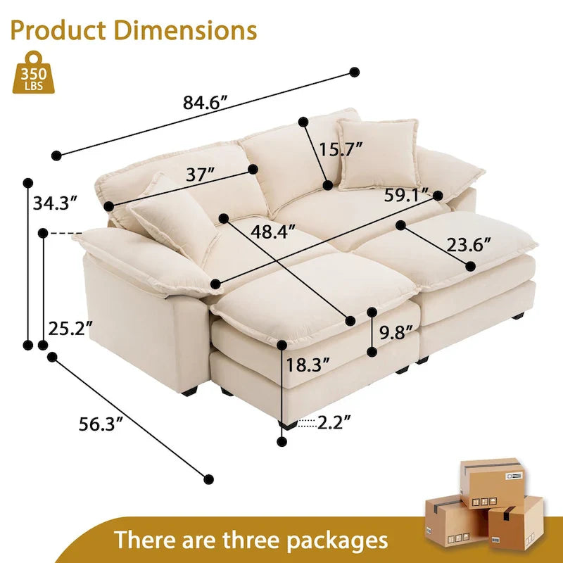 2-Sitzer-Sofa mit 2 Kissen, 2 Polstern und 2 Hockern, bequemes Sofa – Tiefes Wohnzimmersofa, Modulsofa