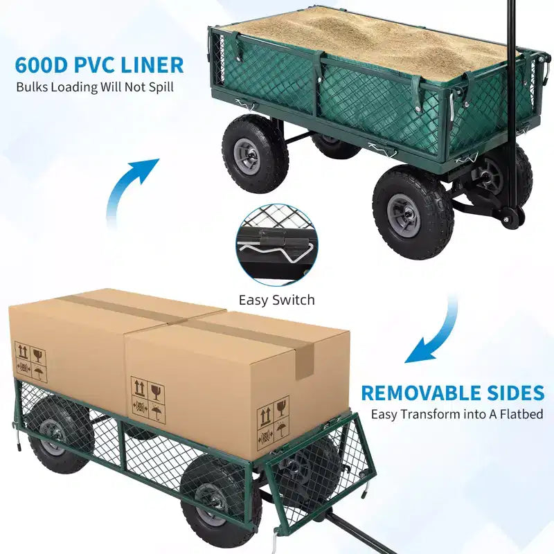 Hochleistungs-Stahl-Gartenwagen, 500 Lbs, klappbarer Gerätewagen mit abnehmbaren Gitterseiten und Einlage, 10 pneumatische Reifen, Ziehgriff