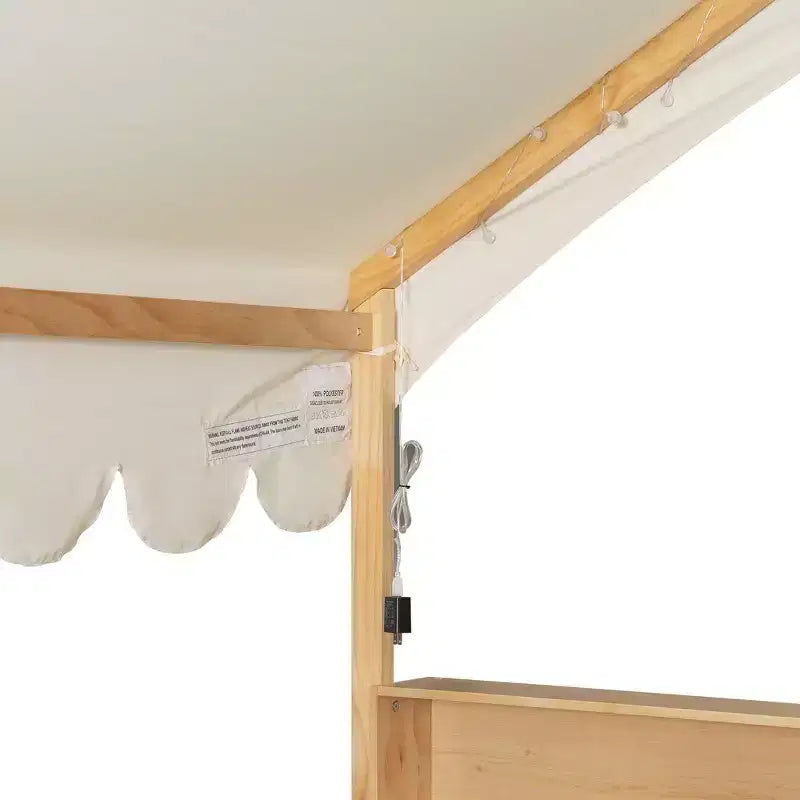Whisen Vollholz-Bettgestell, Hausbett mit Zaun, 3 Aufbewahrungsregale, Vorhang