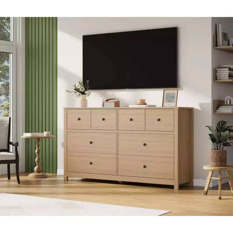 Moderne Kommode mit 8 Schubladen für das Schlafzimmer, breite Holzkommode mit viel Stauraum, freistehender Organizer-Schrank für das Wohnzimmer