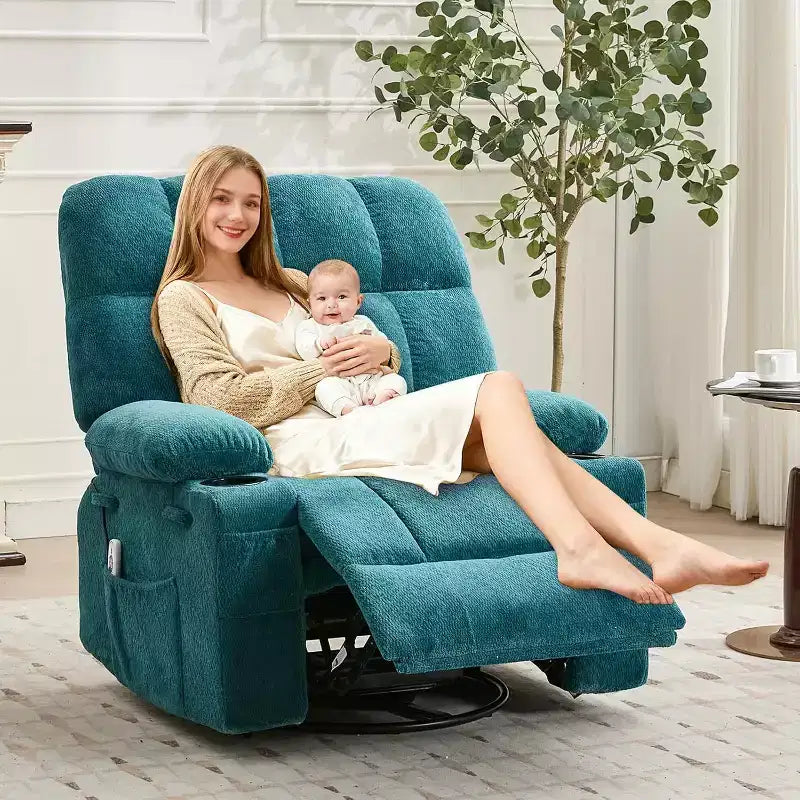 Übergroßer Relaxsessel für Erwachsene, Manueller Dreh-Schaukelsofa, Seitentaschen & Getränkehalter für Große und Schwergewichtige, Wohnzimmer