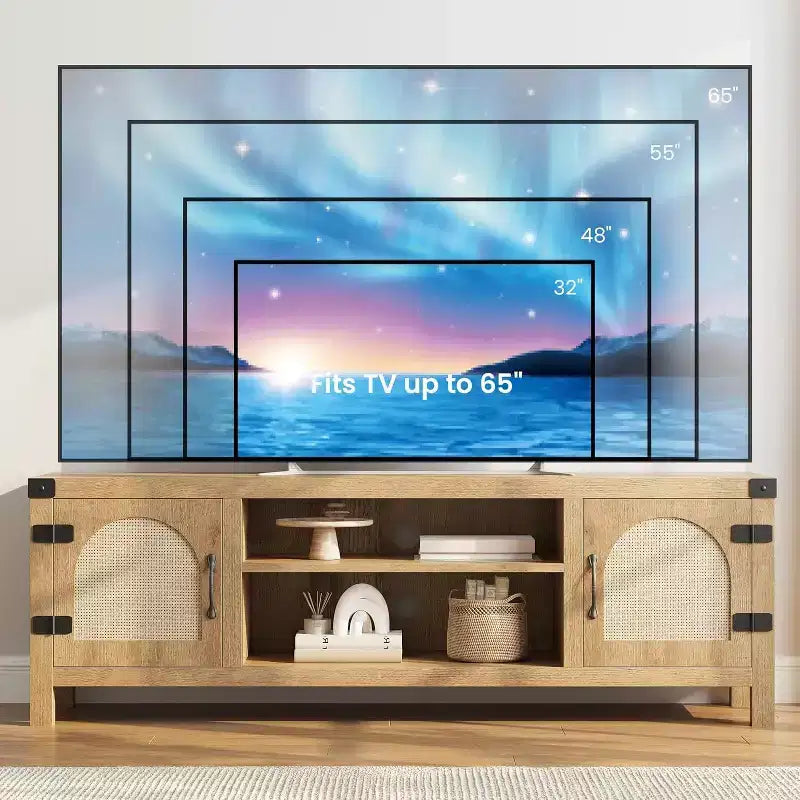 65-Zoll TV-Schrank im Bohème-Stil mit Rattantür – Hölzernes Entertainment-Center mit zwei Schränken und verstellbaren Einlegeböden, geeignet für Wohnzimmer
