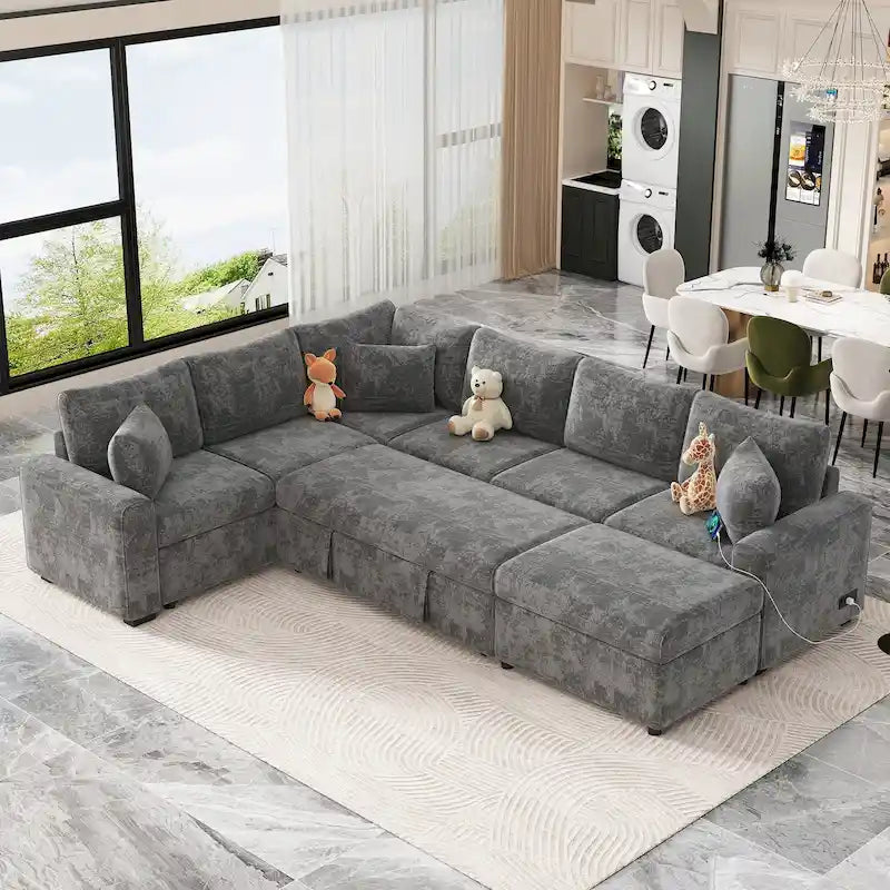 Chenille Ecksofa mit Ausziehfunktion, L-förmiges Schlafsofa mit Stauraum-Ottomane, 3 Kissen und Ladevorrichtungen