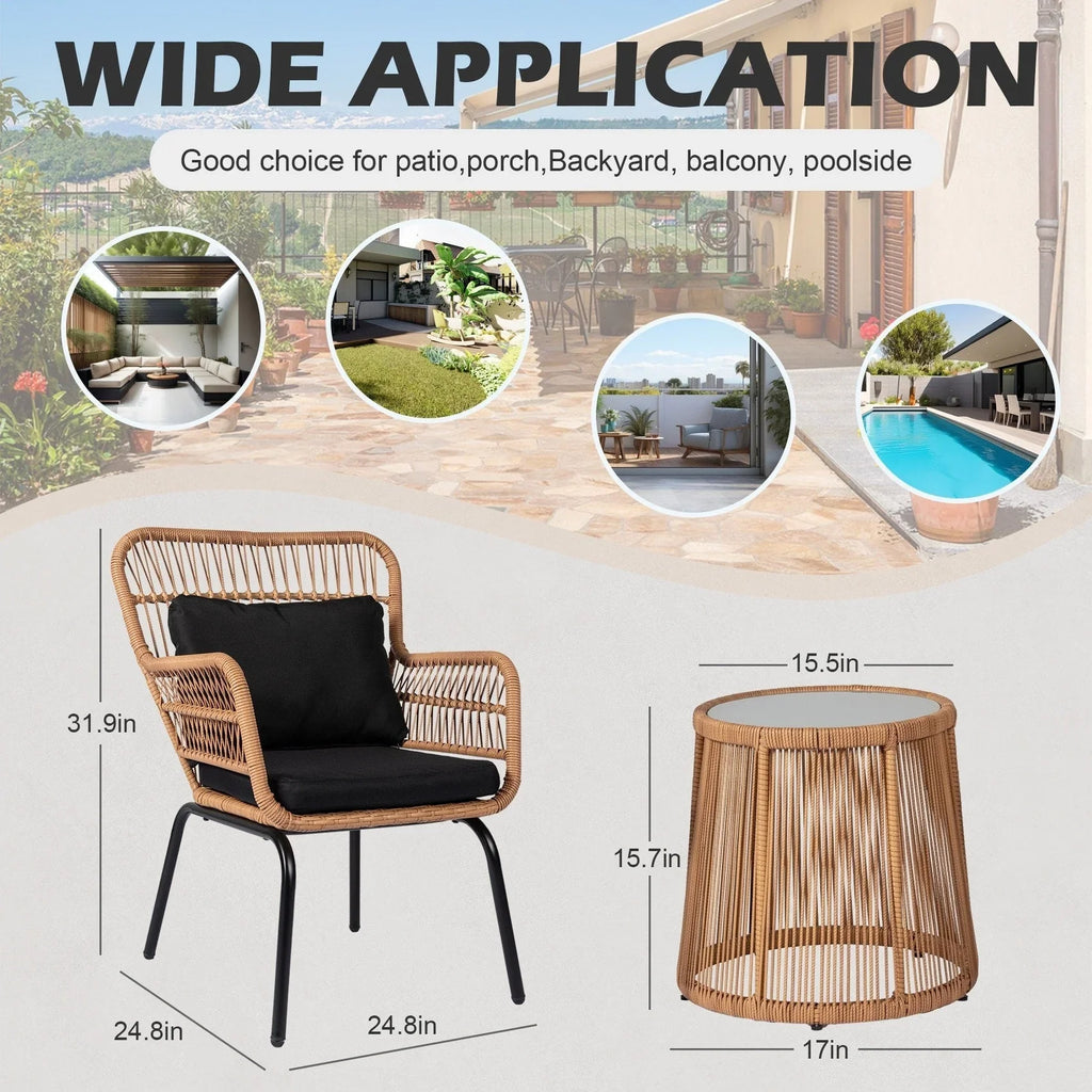 3-teiliges Outdoor-Bistro-Set aus Korbstühlen, witterungsbeständige Rattanmöbel-Sitzgruppe mit Kissen