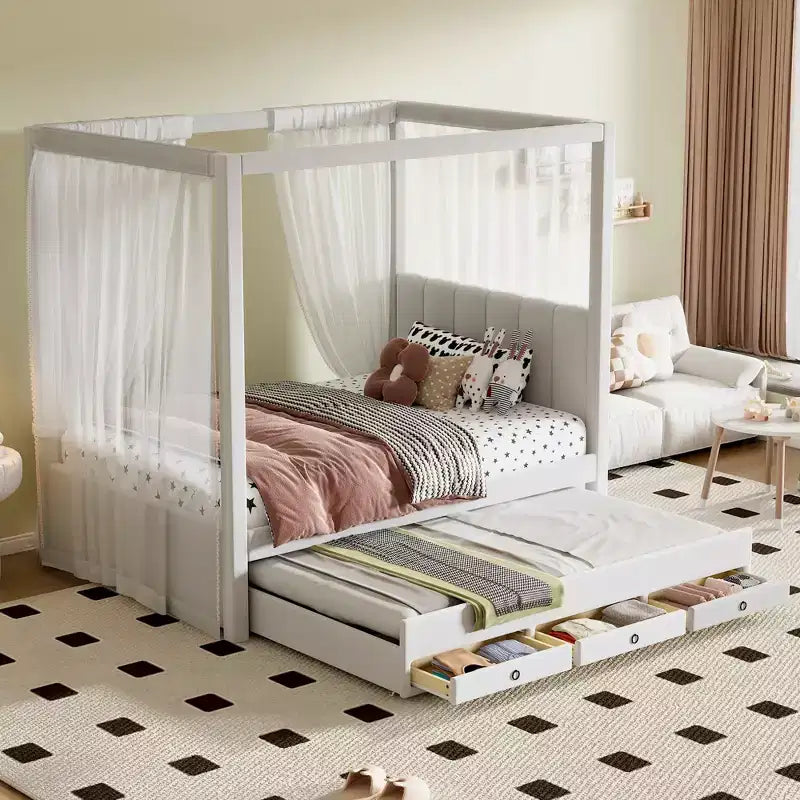 Plattformbett mit Baldachin, Leinenbezug, vollbettgroß, mit Ausziehbett und drei Schubladen