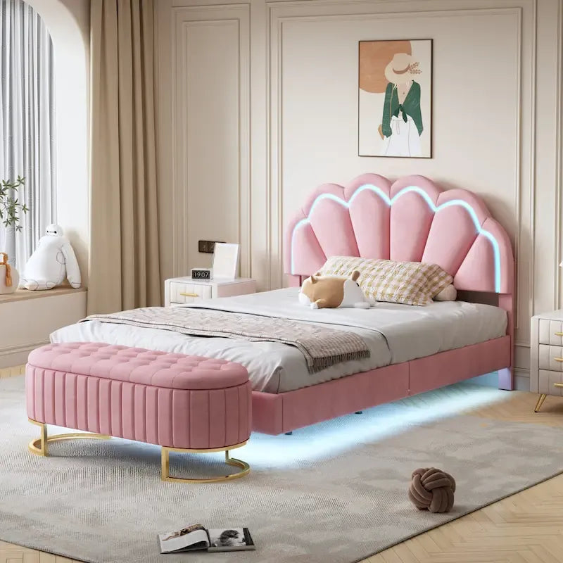 2-teiliges Schlafzimmerset mit LED-Podestbett in voller Größe und Stauraum-Ottomane