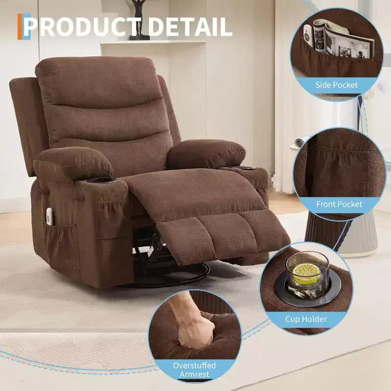 Übergroßer 360°-Dreh- und Schaukelsessel mit Massage und Heizung – Ergonomischer Loungesessel mit Getränkehaltern, Seitentaschen für Wohnzimmer, Kinderzimmer