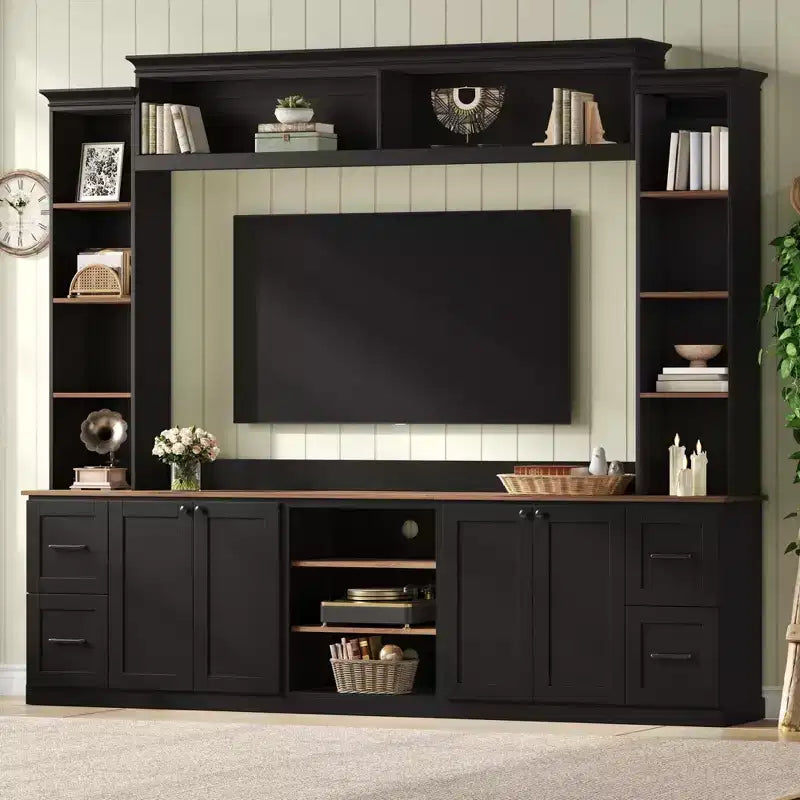 ModernLuxe 4-in-1 Bauernhaus Unterhaltungszentrum Wandregal, passend für Fernseher bis 70 Zoll, TV-Ständer Medienkonsole mit verstellbaren Regalen und Schubladen