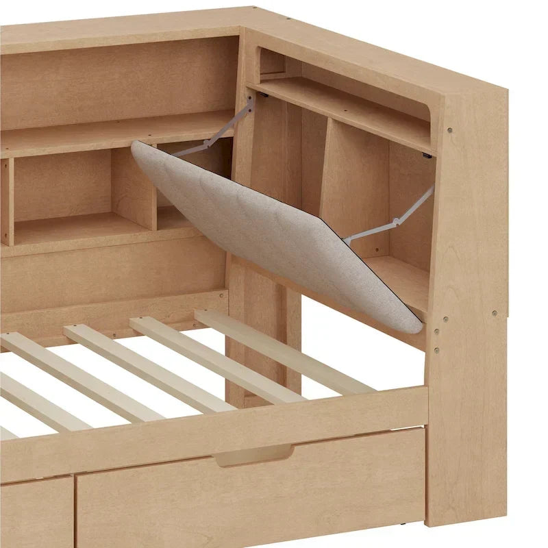L-förmiges Holzsofa-Tagesbett mit Schreibtisch, Bücherregal, Eckbett mit Schubladen unter dem Bett, gepolstertem Kopfteil und integrierter Beleuchtung