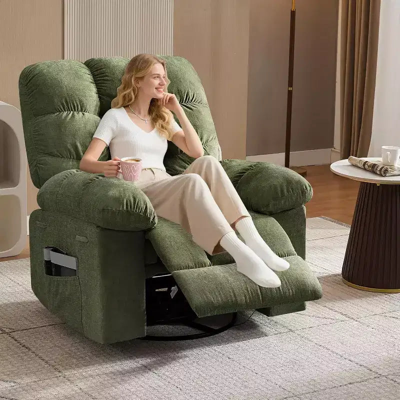 Massage-Liegesessel mit Heizfunktion – 360° drehbarer Schaukelstuhl, überdimensioniertes Einzelsitzer-Sofa mit Vibration, USB-Anschluss und Aufbewahrungstaschen für Wohnzimmer/Schlafzimmer