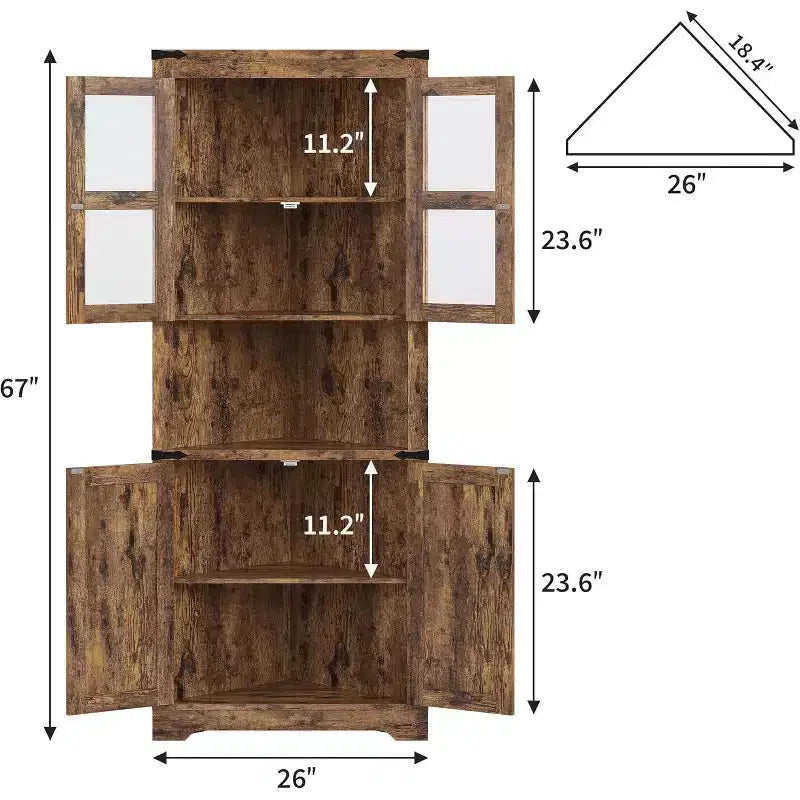 69" Hoher Eckschrank, Bauernhaus-Eckschrank, platzsparender Stauraum, Glastür, verstellbare Einlegeböden, für Wohnzimmer, Küche