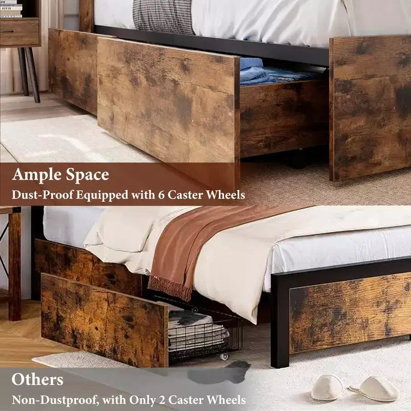 Doppelbettgestell mit Stauraum-Kopfteil, Holzbettrahmen mit 4 Schubladen, Stauraum-Bücherregal & King-Size-Plattformbett mit starker Metallunterstützung